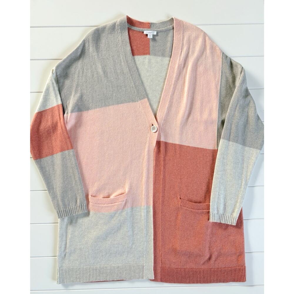 J Jill Pure Jill Cardigan Sweater Oversized Colorblock One Button Pink Gray L